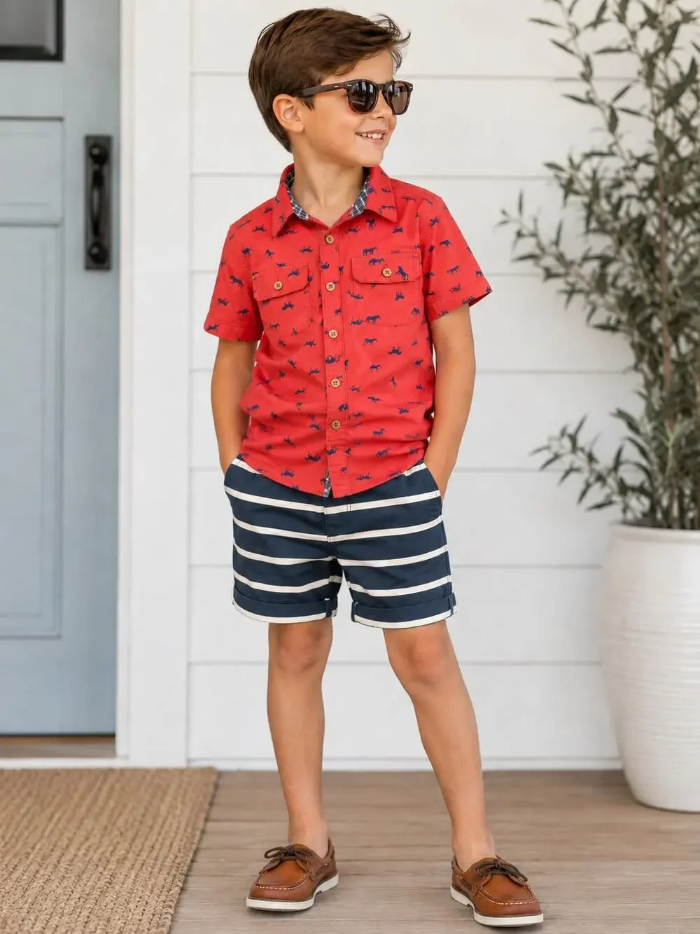 Matilda Jane x Joanna Gaines Horsing Around Boys Outfit Set Size 8 Shirt&Shorts